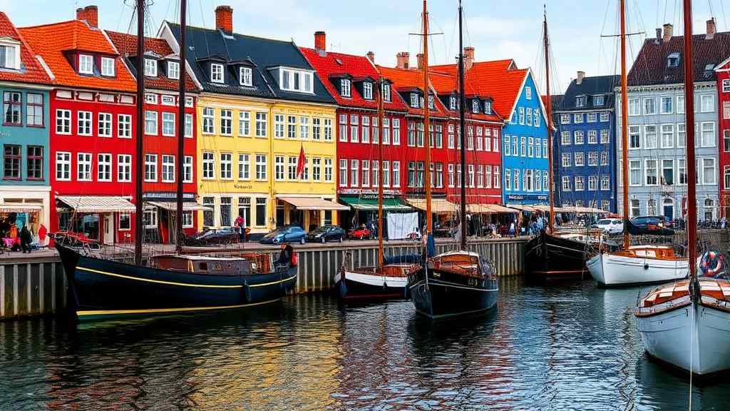 Casas de colores y barcos en el canal de Nyhavn, Copenhague