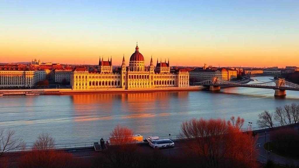 Vista del Parlamento de Budapest y el Puente de las Cadenas al atardecer