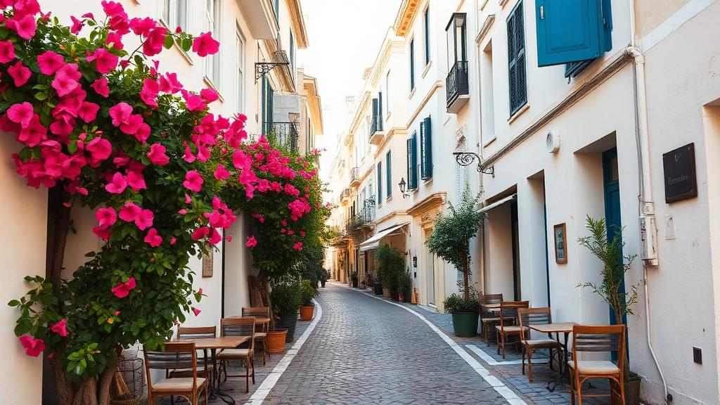 Calles empedradas del barrio de Plaka en Atenas con flores de buganvilla