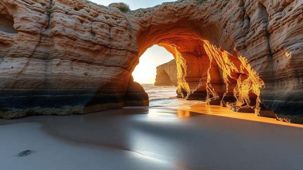 Playa de las Catedrales en Ribadeo, Lugo, con sus arcos de roca a marea baja