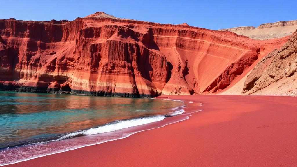 Playa Roja en Santorini con acantilados volcanicos rojizos