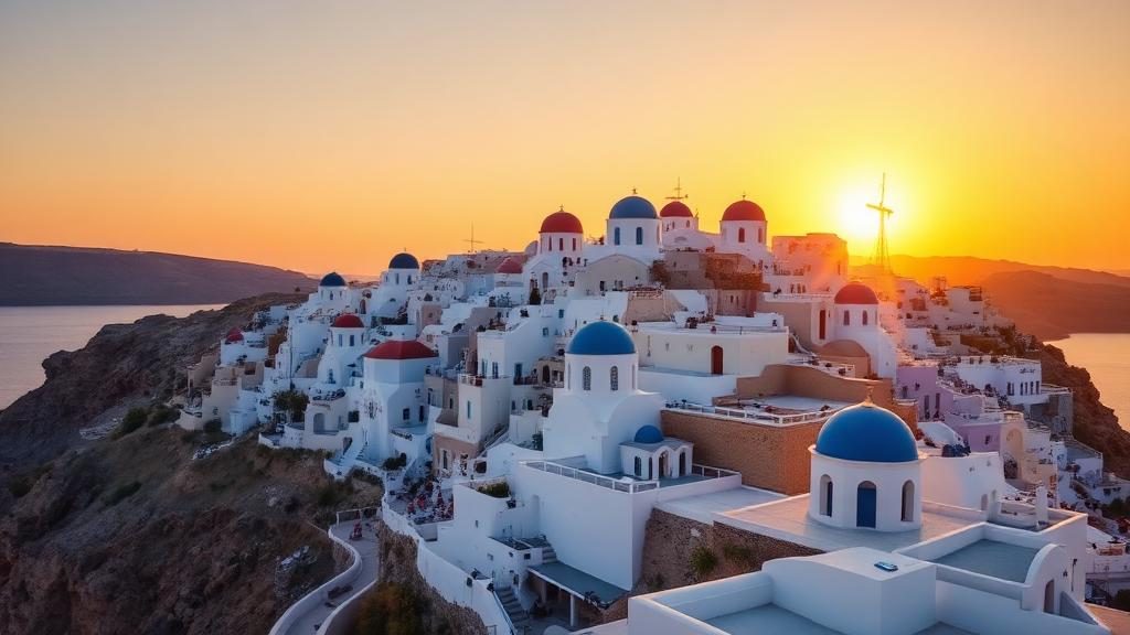 Atardecer en Oia, Santorini, casas blancas y azules sobre la caldera