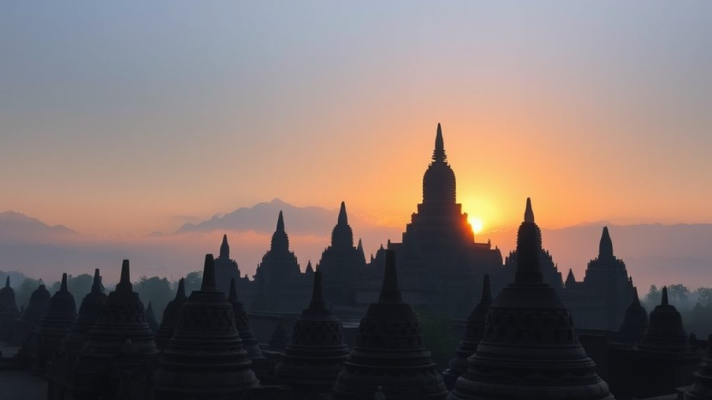 Templo de Borobudur al amanecer, Java, Indonesia